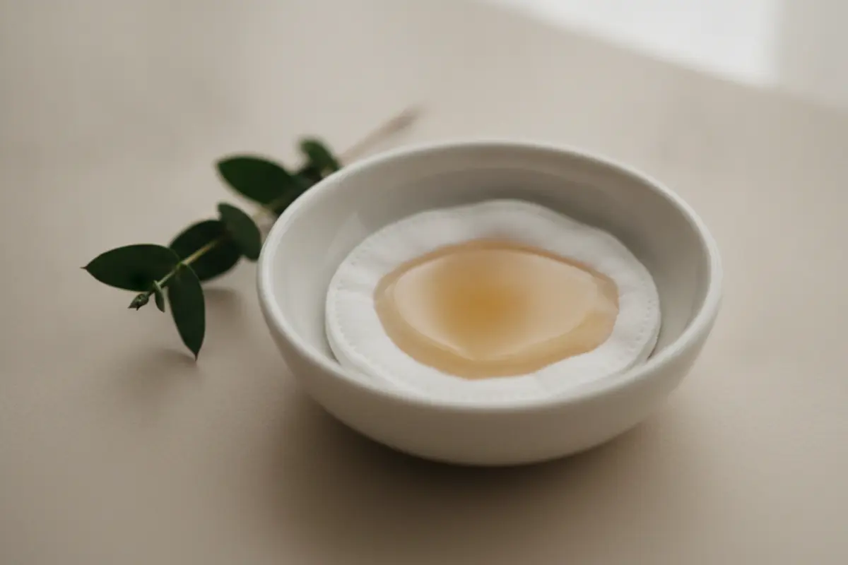 Vinaigre de cidre : apaiser les inflammations du quotidien 2 Gros plan sur un coton imbibé de vinaigre de cidre posé sur une coupelle blanche, à côté d'une branche d'eucalyptus, pour un soin de peau naturel.