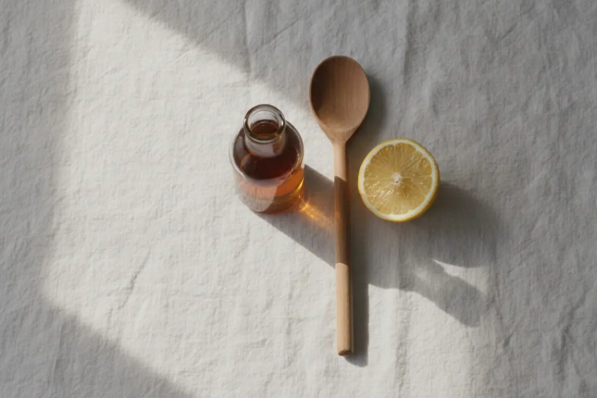Vinaigre de cidre : apaiser les inflammations du quotidien 4 Nature morte avec une bouteille de vinaigre de cidre bio, une cuillère en bois et un citron coupé sur une nappe en lin.