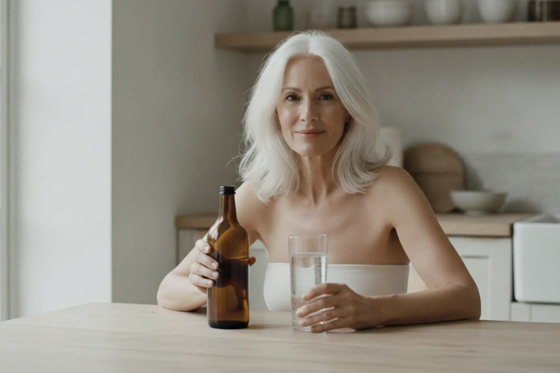 Vinaigre de cidre : apaiser les inflammations du quotidien 1 Femme de 50 ans assise à une table en bois, tenant une bouteille de vinaigre de cidre et un verre d'eau, sourire complice et lumière naturelle.