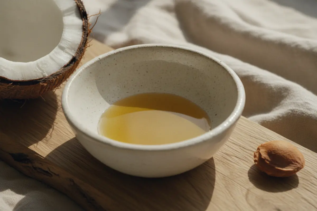 Bol en céramique blanche contenant de l’huile d’argan, posé avec une noix de coco ouverte et un noyau d’abricot.