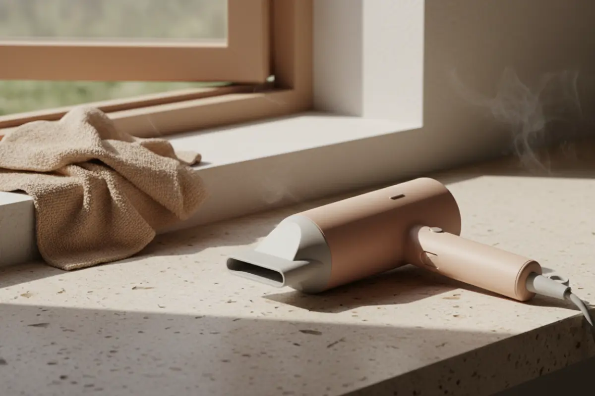 Sèche-cheveux beige rosé posé sur un plan de travail en pierre, fenêtre ouverte, linge microfibre sable. Outils pour soulagner les cheveux secs.