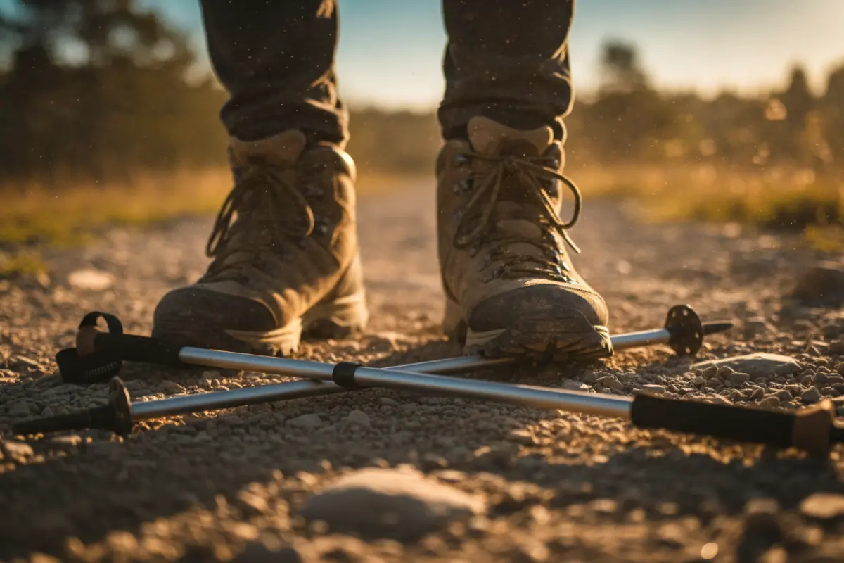 Plan rapproché des chaussures de randonnée sur sentier caillouteux avec bâtons de marche, lumière dorée — muscles sollicités en randonnée