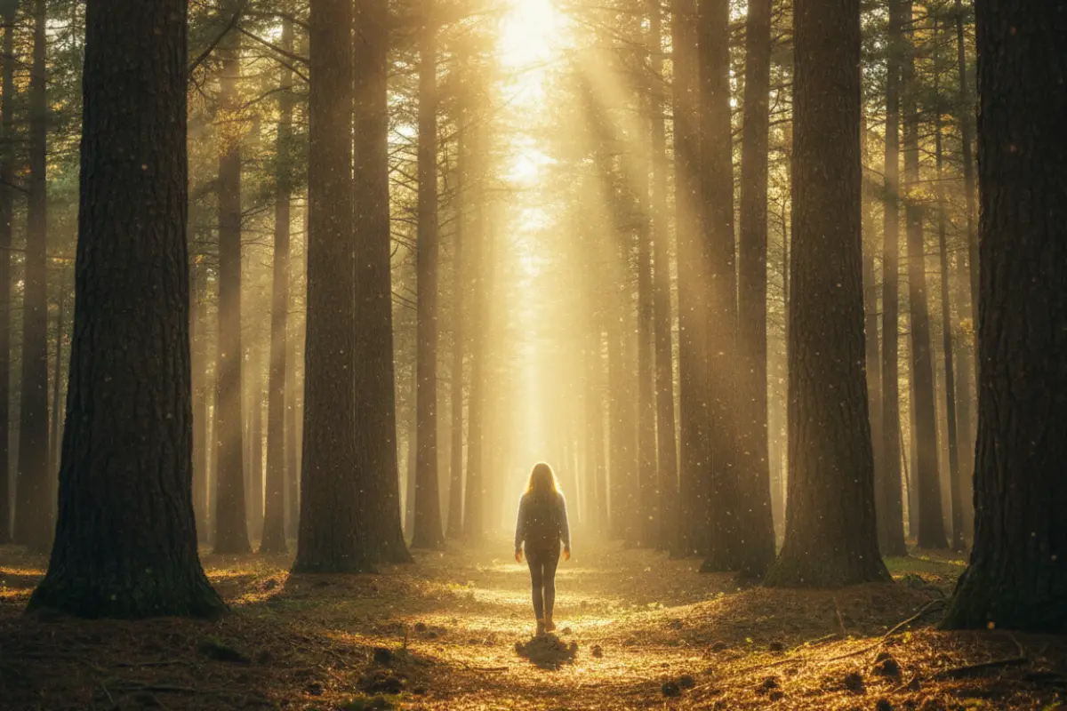 Randonneuse solitaire dans une forêt ensoleillée, rayons de lumière dorée à travers les arbres — randonnée et dépression, bienfaits mentaux