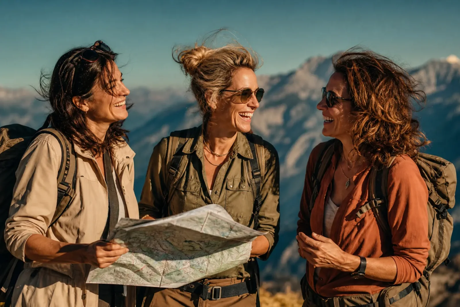 Groupe de trois femmes souriantes en randonnée, carte à la main, sacs à dos, belvédère montagne — partage et convivialité