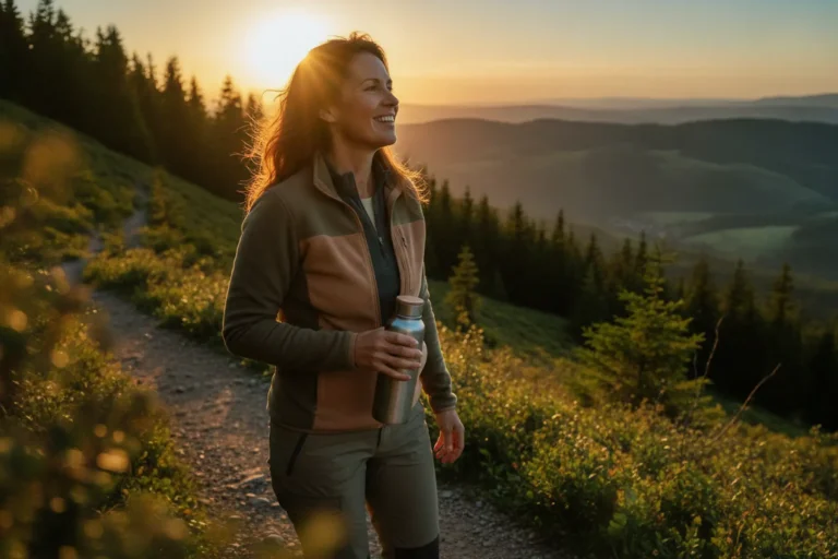 Femme d'une quarantaine d'années souriant en randonnée, dos aux collines, lumière dorée du coucher de soleil — bienfaits randonnée santé