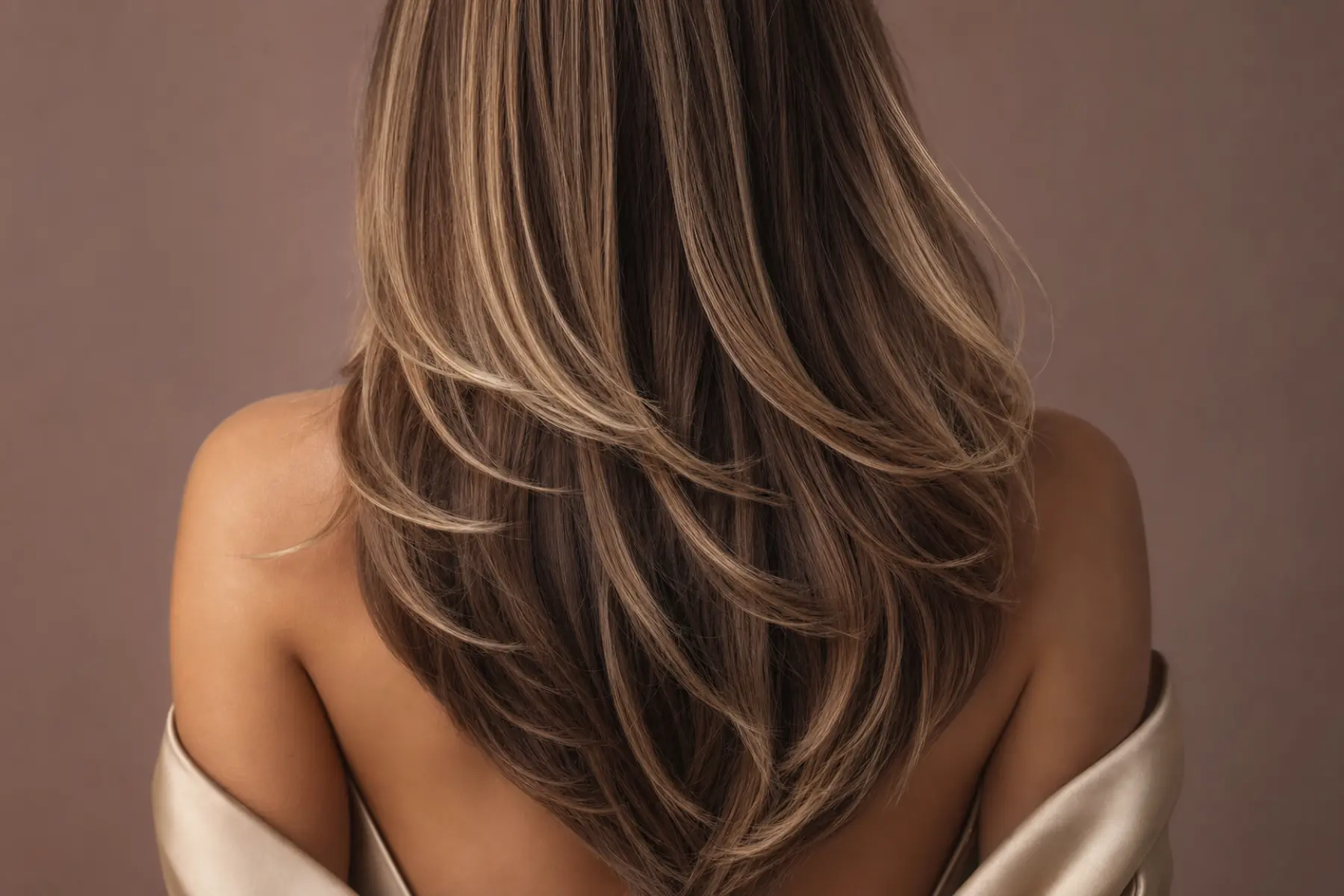 Butterfly haircut : tout savoir sur la coupe papillon qui donne du volume sans perdre en longueur 1 Femme de 45 ans vue de dos, cheveux bruns châtains longs, coupe papillon en V avec dégradé en cascade, lumière studio beige rosé
