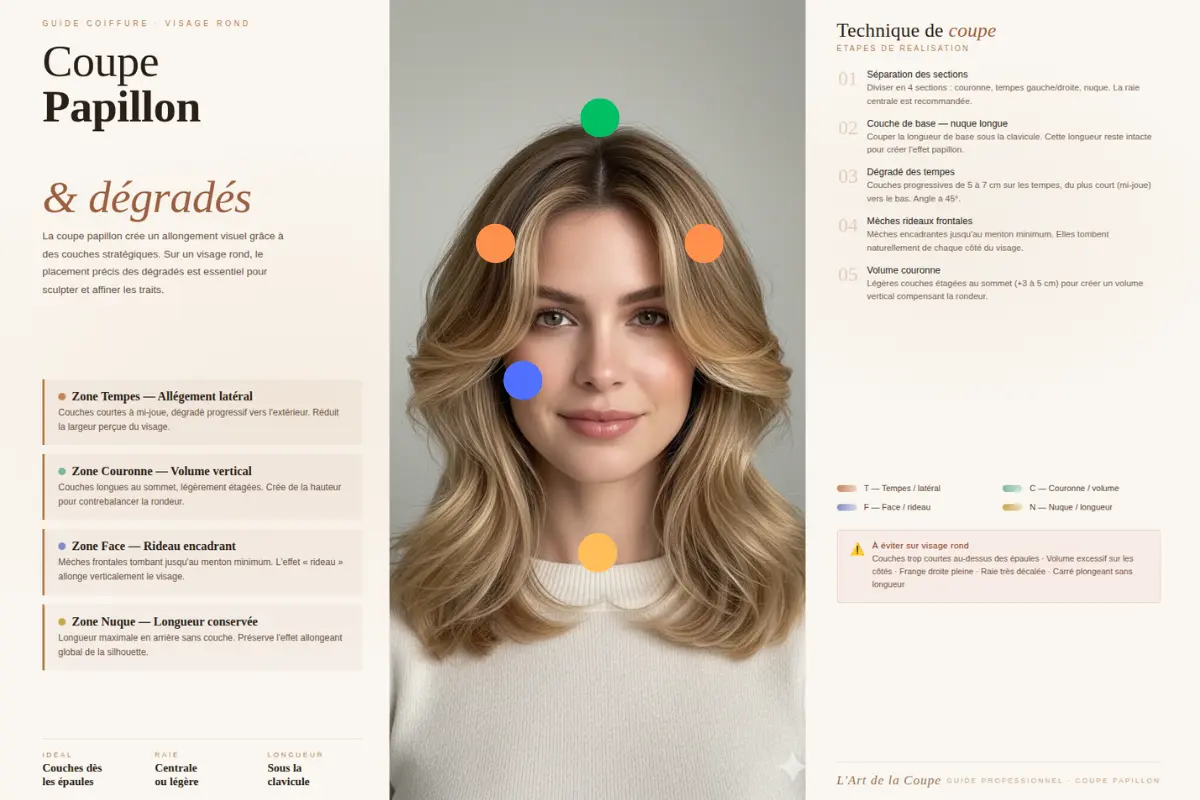 Butterfly haircut : tout savoir sur la coupe papillon qui donne du volume sans perdre en longueur 4 Infographie illustrant les zones de placement des couches pour une coupe papillon sur visage rond : tempes, couronne, mèches rideaux et longueur nuque