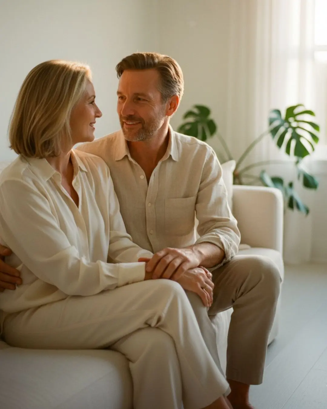Couple quarantenaire en conversation intime sur canapé lin, communication bienveillante relation épanouie