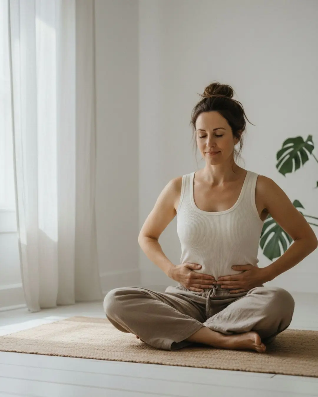 Femme de 45 ans pratiquant exercices de Kegel sur tapis de yoga dans espace minimaliste lumineux