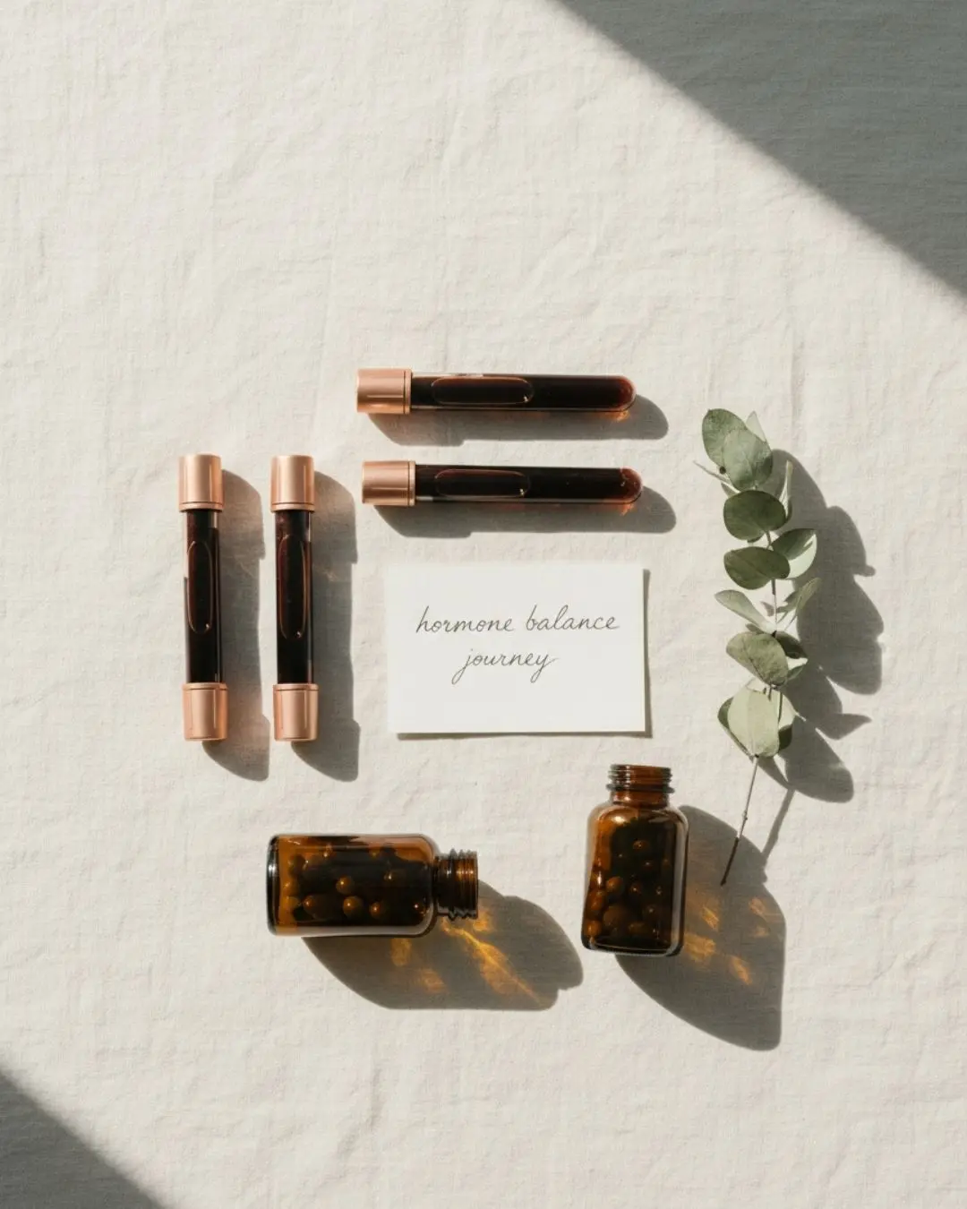 Tests hormonaux et compléments naturels maca disposés sur lin pour équilibre hormonal femme 40 ans