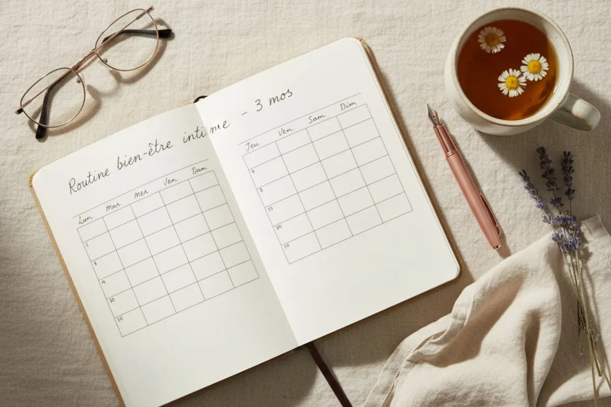 Journal de suivi routine bien-être intime sur trois mois avec thé et lavande, organisation wellness femme 40 ans