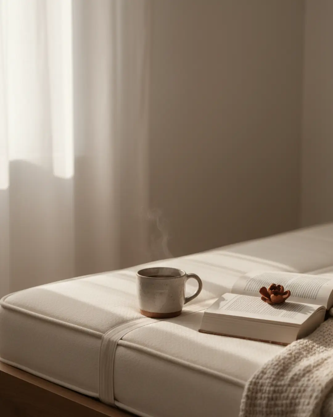 Tasse de thé et livre sur un lit douillet, symbolisant une routine de sommeil saine.