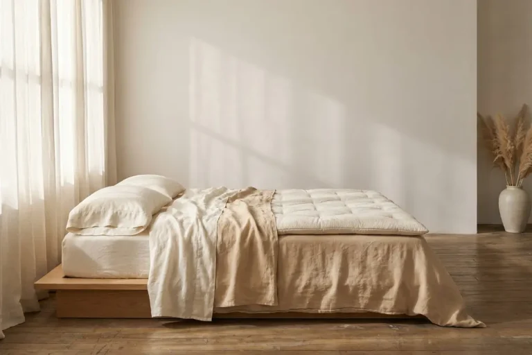 Surmatelas haut de gamme sur un lit minimaliste baigné de lumière matinale pour le confort du sommeil des femmes.