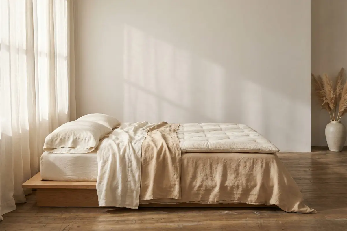 Surmatelas haut de gamme sur un lit minimaliste baigné de lumière matinale pour le confort du sommeil des femmes.