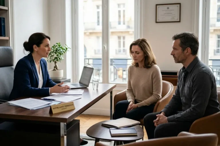 Couple en entretien avec une avocate dans un bureau élégant pour une procédure de divorce par consentement mutuel.