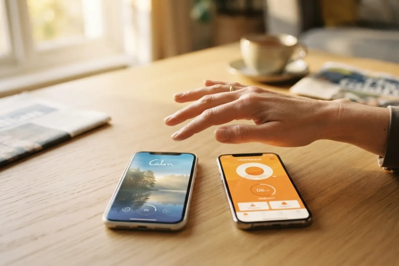Deux téléphones côte à côte affichant les applications Calm et Headspace, main féminine hésitant au-dessus, choix de méditation pour un esprit sain