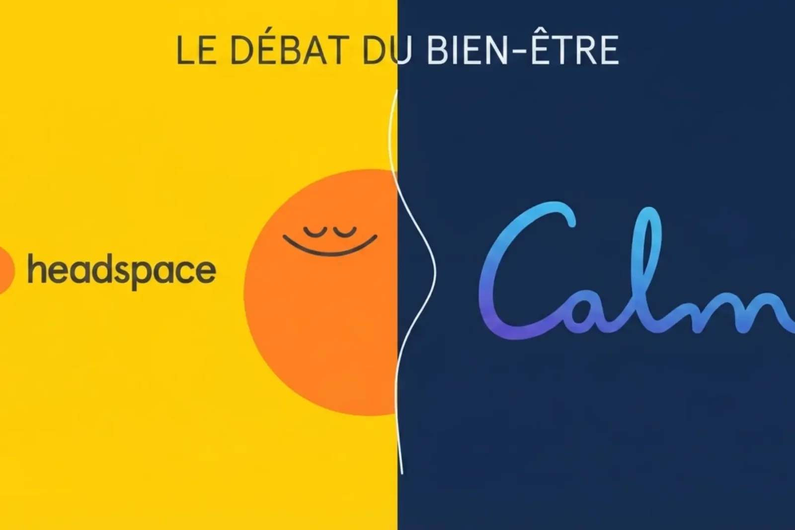Comparaison visuelle entre Calm (paysage forestier) et Headspace (intérieur épuré), mains ouvertes au premier plan, choix de méditation