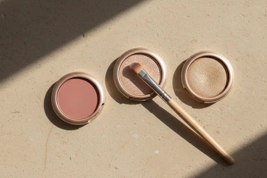 Trois fards à paupières ronds aux nuances nude et dorées avec un pinceau de maquillage sur un plan de travail en pierre naturelle sous une lumière solaire.