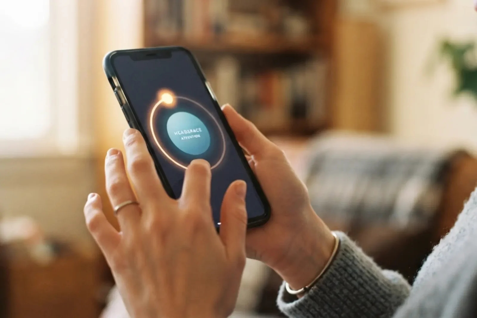 Gros plan sur un écran de téléphone affichant l'animation Headspace avec un point lumineux en mouvement circulaire, main féminine avec bague en argent