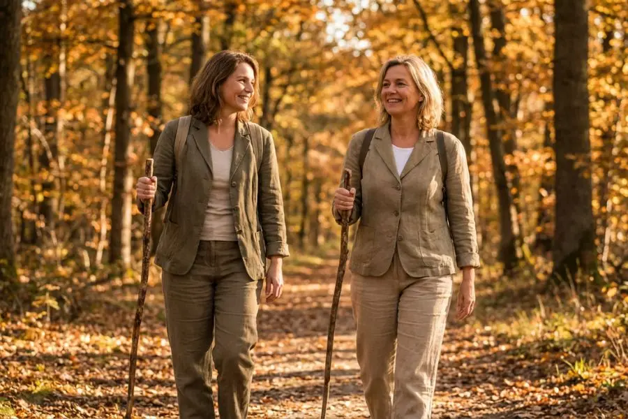 Deux femmes de 50 ans pratiquent la marche nordique en forêt à l'automne, bâtons en main, posture active et sourires complices.