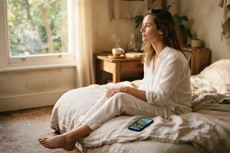 Clarté mentale : choisir l'application adaptée à votre rythme de vie 14 Femme assise au bord du lit au réveil, téléphone affichant l'application Calm, regardant par la fenêtre, lumière matinale dorée, rituel de méditation pour la clarté mentale