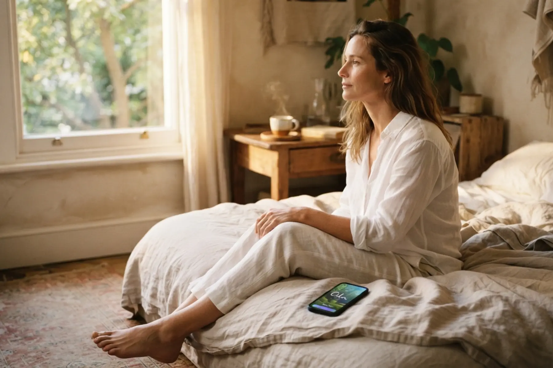 Femme assise au bord du lit au réveil, téléphone affichant l'application Calm, regardant par la fenêtre, lumière matinale dorée, rituel de méditation pour la clarté mentale