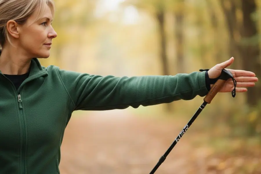 Gros plan sur le geste de propulsion en marche nordique : bras en extension arrière, main ouverte derrière la hanche, bâton en phase de poussée.
