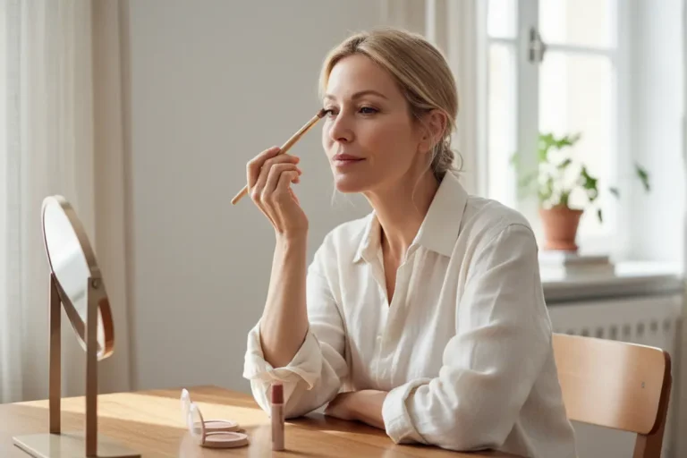 Une femme élégante aux cheveux blonds attachés applique du fard à paupières avec un pinceau devant un miroir de table dans un intérieur lumineux.
