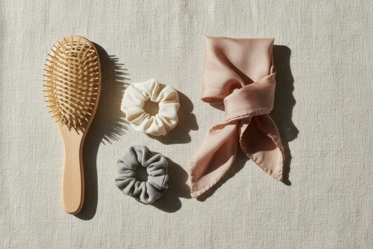 Coiffure protectrice : 3 techniques douces pour préserver vos cheveux après 40 ans 3 accessoires-capillaires-naturels-brosse-elastiques-foulard-soie-beaute