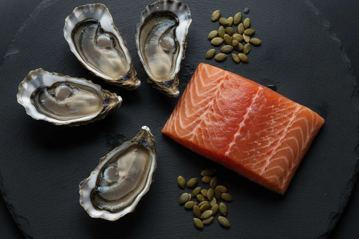 Comment renforcer son immunité après 40 ans ? 3 Nature morte de luxe avec huîtres, saumon sauvage et graines de courge pour renforcer l'immunité