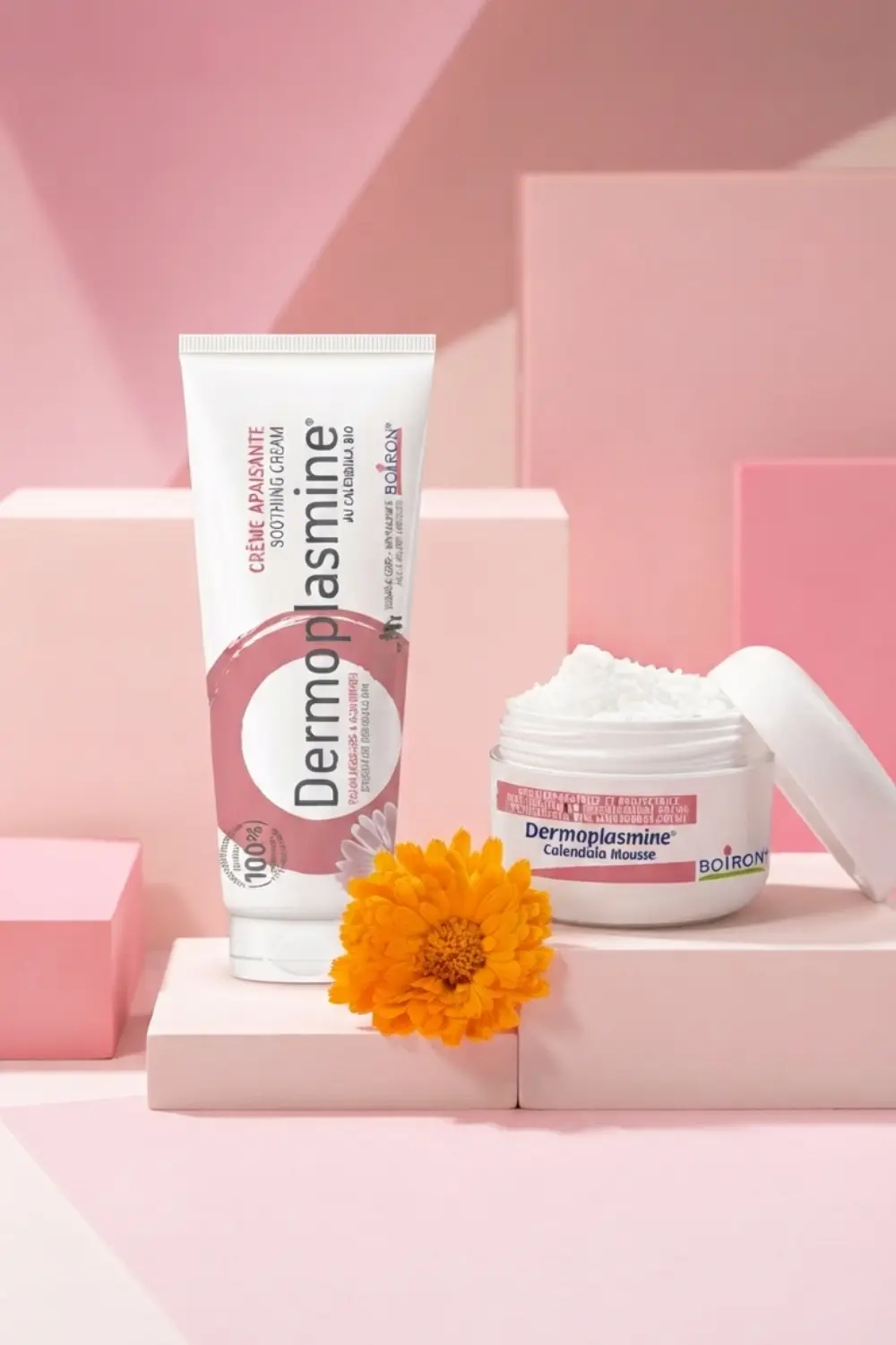 La fleur qui calme les peaux qui s'irritent 2 Tube de crème apaisante et pot de mousse au calendula Dermoplasmine de Boiron sur des podiums roses avec une fleur de souci.