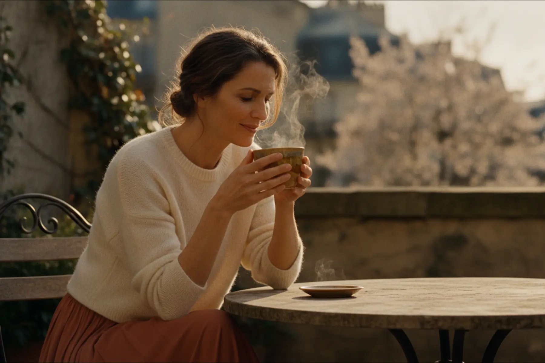 Comment renforcer son immunité après 40 ans ? 1 Bien-être et immunité : Femme d'une quarantaine d'années buvant une tisane sur une terrasse en fin de journée