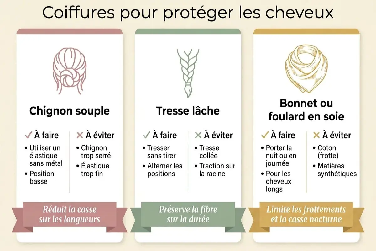 Coiffure protectrice : 3 techniques douces pour préserver vos cheveux après 40 ans 2 infographie coiffure protectrice 3 techniques chignon tresse bonnet satin