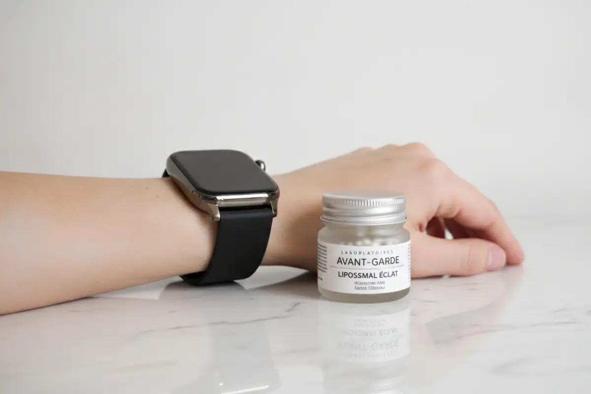 Comment renforcer son immunité après 40 ans ? 5 Montre connectée et pot de compléments alimentaires sur marbre blanc, photographie high-tech