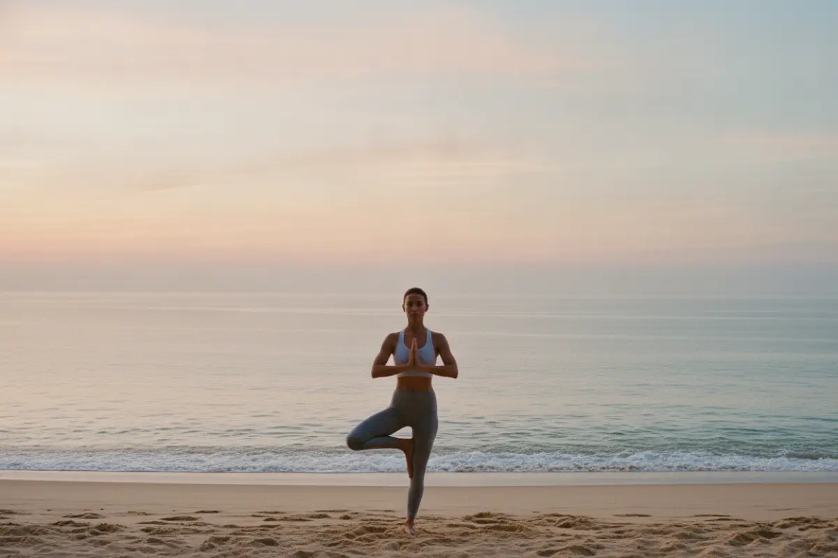 Comment renforcer son immunité après 40 ans ? 4 Femme faisant du pilates face à la mer au lever du soleil pour son immunité.
