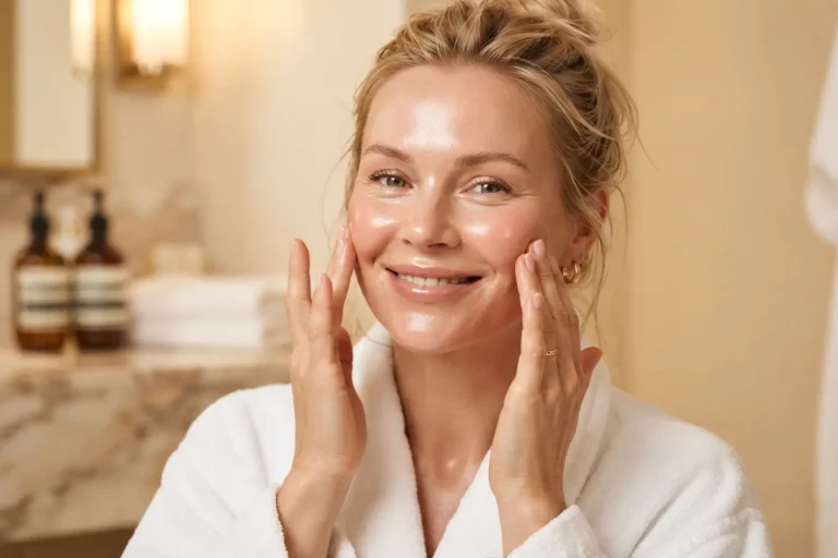 Femme blonde en peignoir blanc appliquant une crème visage sur son visage dans une salle de bain.