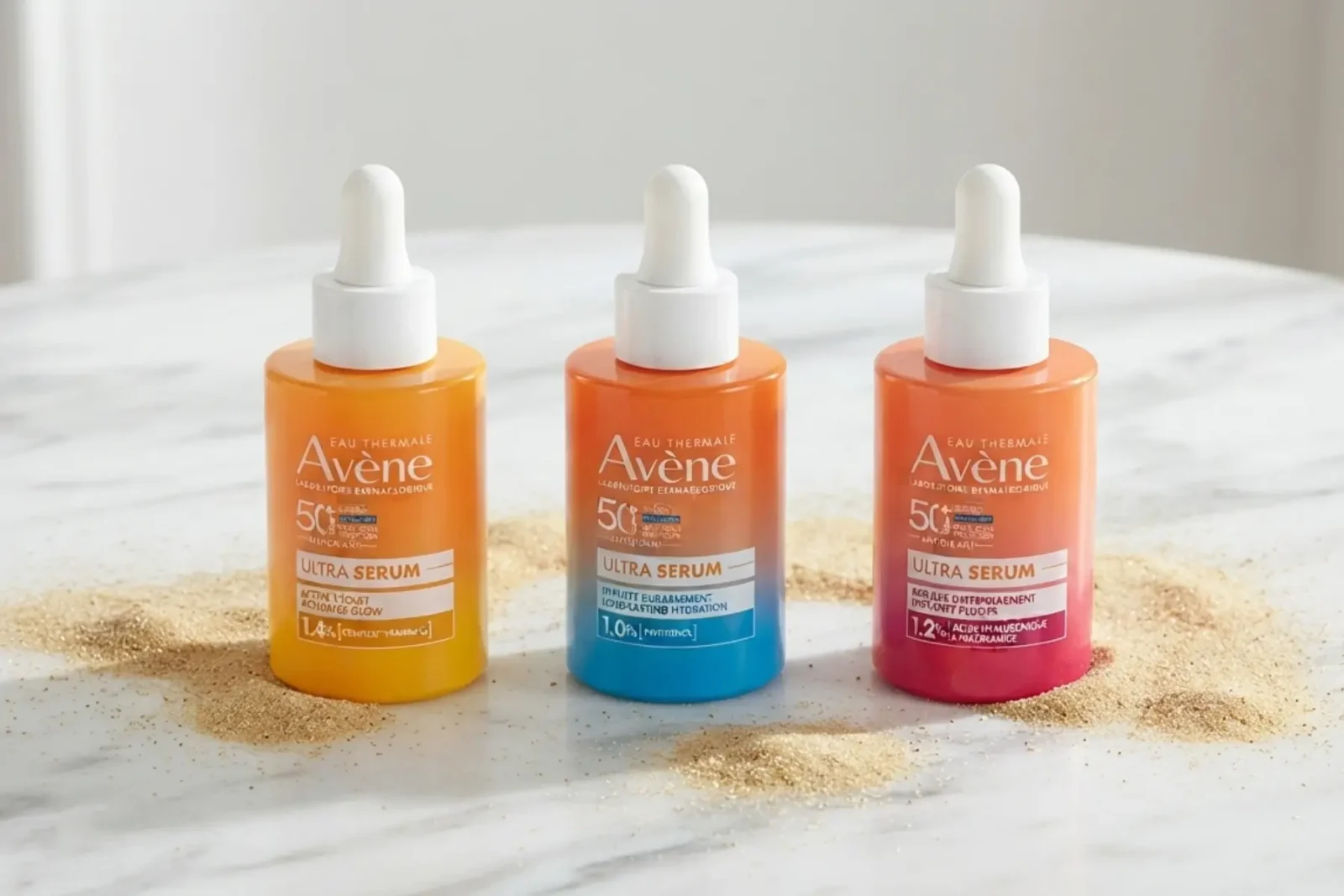 Peau mature et soleil : crèmes, compléments ou autobronzant – notre sélection pour un été lumineux 2 Trio de flacons compte-gouttes de sérums solaires SPF 50+ Avène Eau Thermale sur du sable fin.