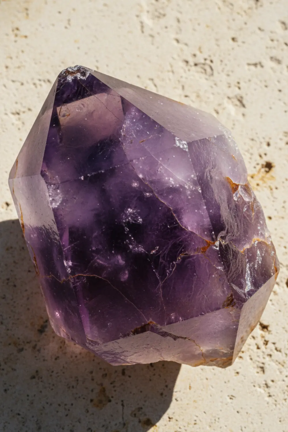 Cristal d'améthyste brute posée sur pierre calcaire pour lithothérapie