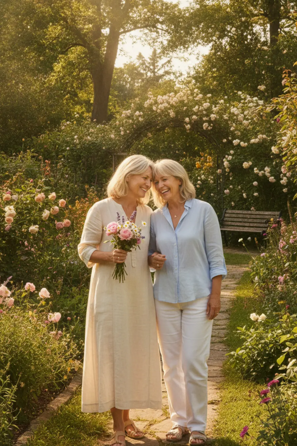 Deux femmes d'âge mûr, souriant avec complicité dans un jardin baigné de lumière, l'une tenant un bouquet de fleurs.Deux femmes d'âge mûr, souriant avec complicité dans un jardin baigné de lumière, l'une tenant un bouquet de fleurs.