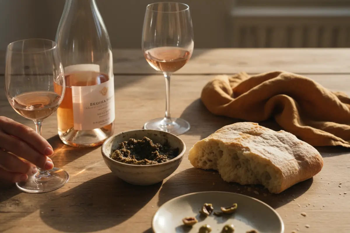Apéritif solaire avec rosé, tapenade et fougasse, lumière dorée du soir