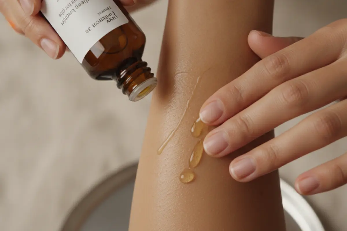 Gros plan sur des mains appliquant de l’huile de macadamia sur un avant-bras, flacon en verre opaque, soin après la piscine