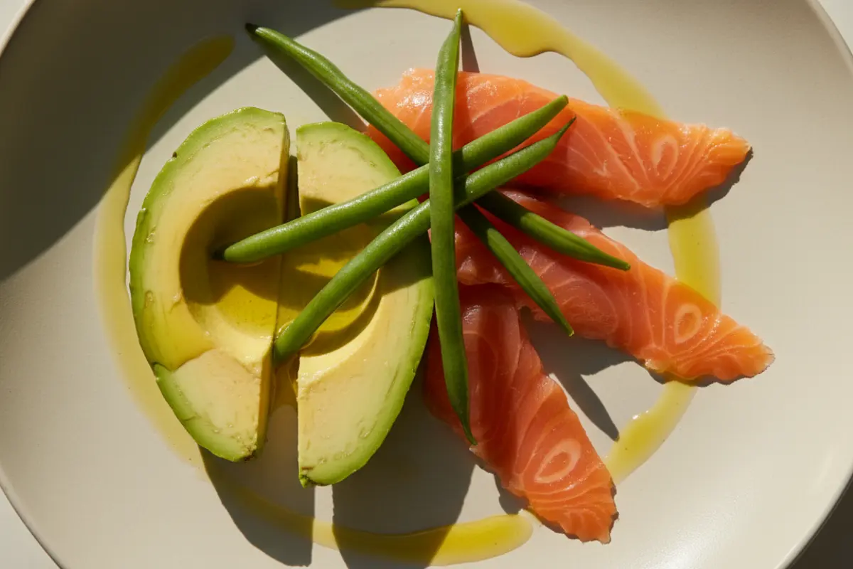 Les bienfaits de la naturopathie après 40 ans pour rester en pleine forme 3 Assiette colorée avec avocat, saumon, haricots verts et filet d’huile d’olive, vue du dessus, alimentation en naturopathie
