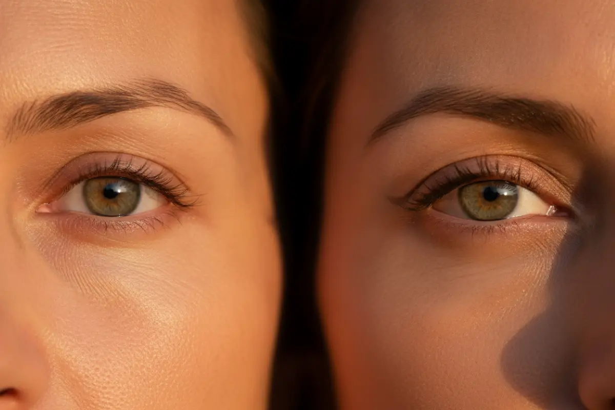 Obtenez un beau regard après 40 ans avec les bons gestes. 3 Comparaison œil sans maquillage et œil avec crayon taupe estompé vers le haut pour un effet lift immédiat