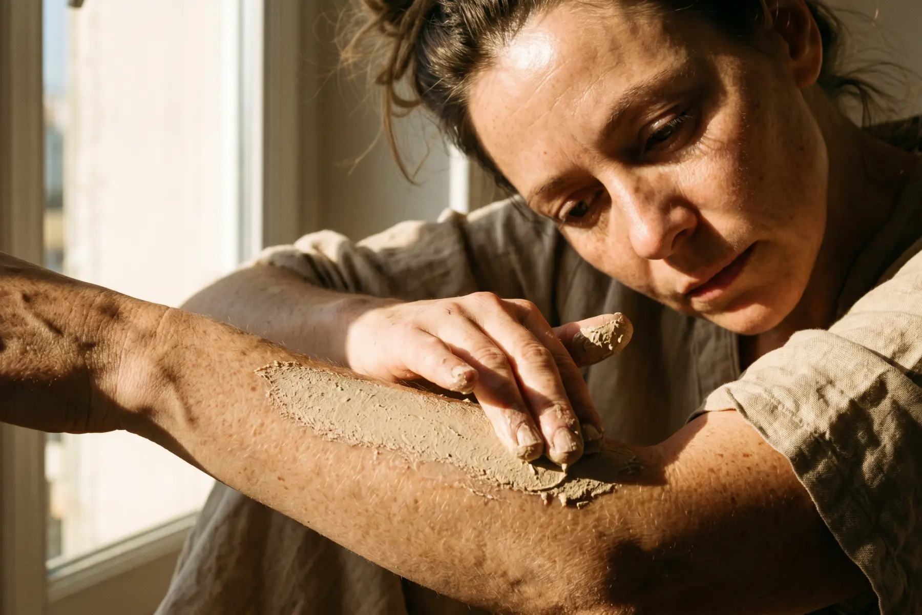 Femme de 45 ans appliquant un bain de boue sur son avant-bras, lumière naturelle solaire, peau authentique et textures visibles.