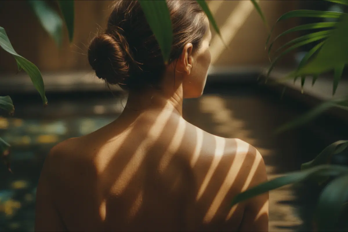 Femme assise dans un bain de boue en spa, vue de dos, lumière solaire filtrée par des plantes vertes.