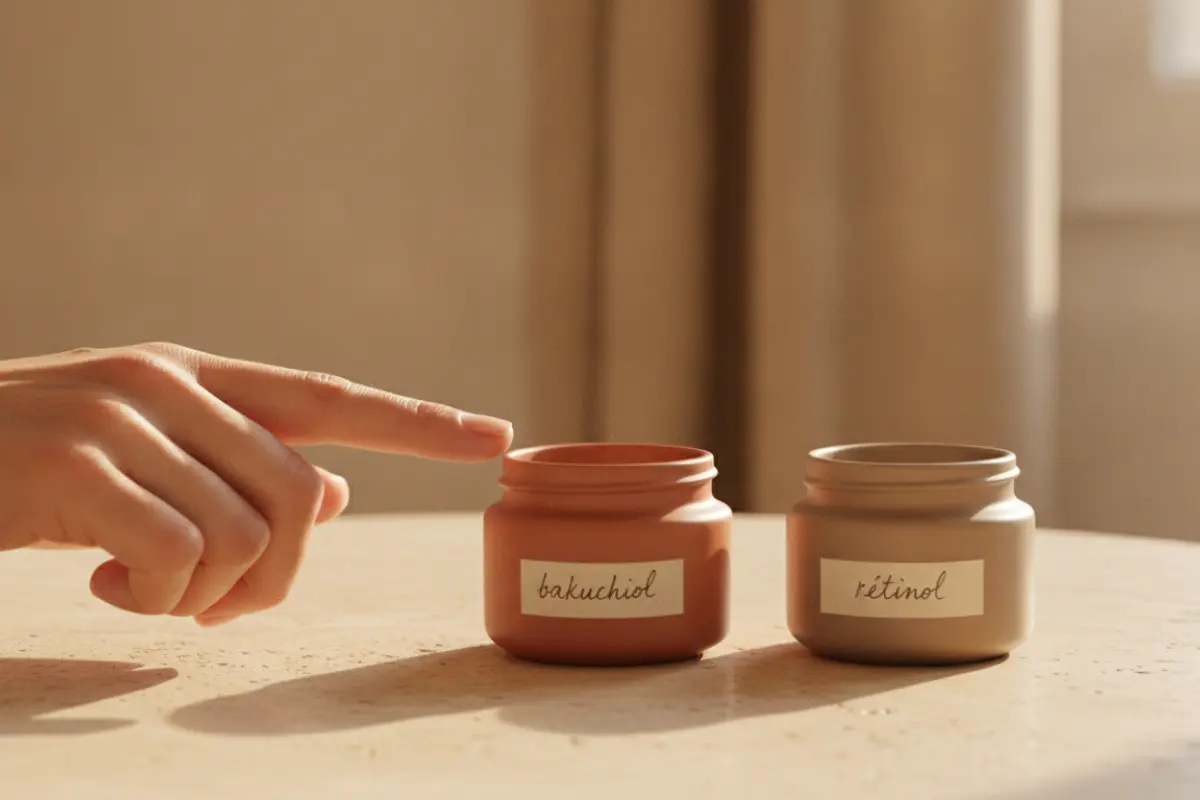 Deux pots bakuchiol et rétinol avec main féminine pointant vers rétinol lumière naturelle chaude