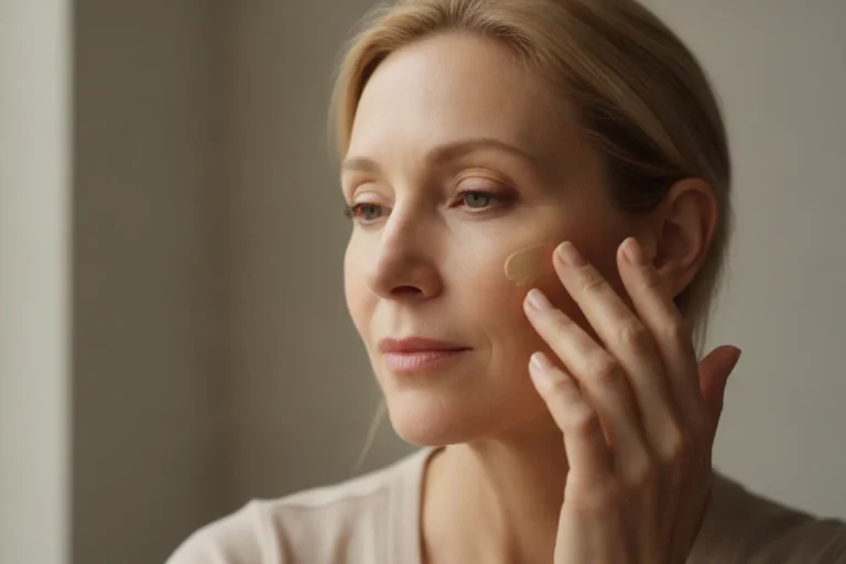 La vérité sur la BB crème : entre soin traitant et correction invisible 4 Femme de 50 ans appliquant une BB crème du bout des doigts, visage trois quarts, lumière naturelle du matin, peau unifiée sans effet masque.