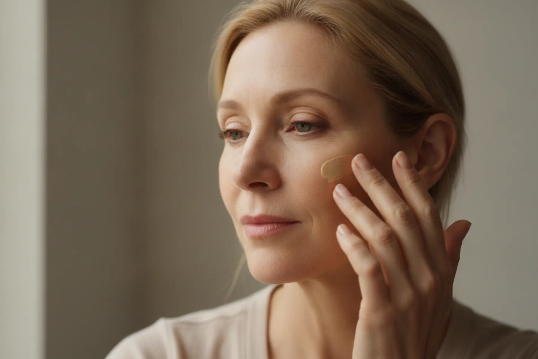 Femme de 50 ans appliquant une BB crème du bout des doigts, visage trois quarts, lumière naturelle du matin, peau unifiée sans effet masque.