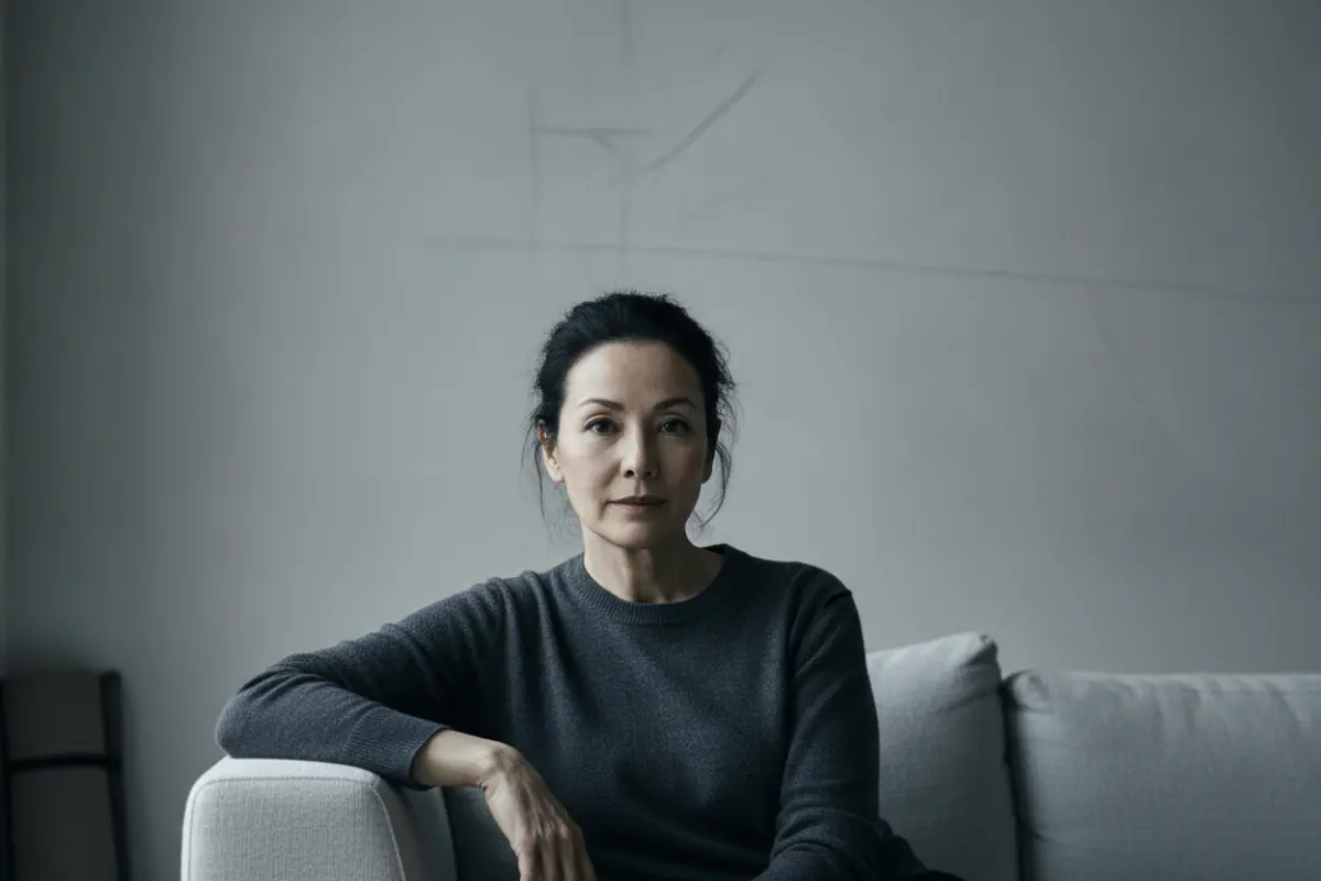 Luminothérapie : le protocole pour dissiper la fatigue hivernale 4 Femme détendue dans un intérieur lumineux après sa séance de luminothérapie, regardant l’objectif avec sérénité.