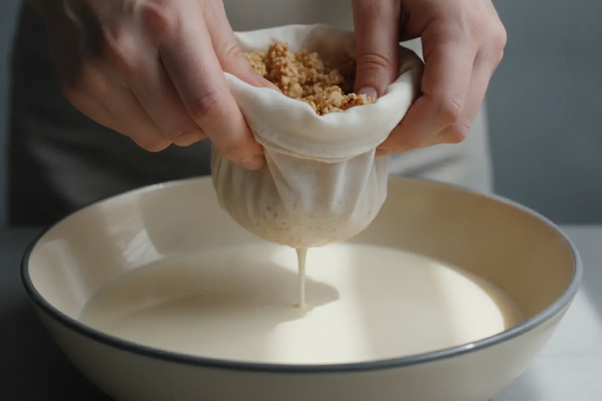 Boissons végétales : nos conseils pour remplacer le lait sans carence. 3 Mains pressant de la pulpe d'amande dans un sac de filtration au-dessus d'un bol, fabrication maison de boissons végétales